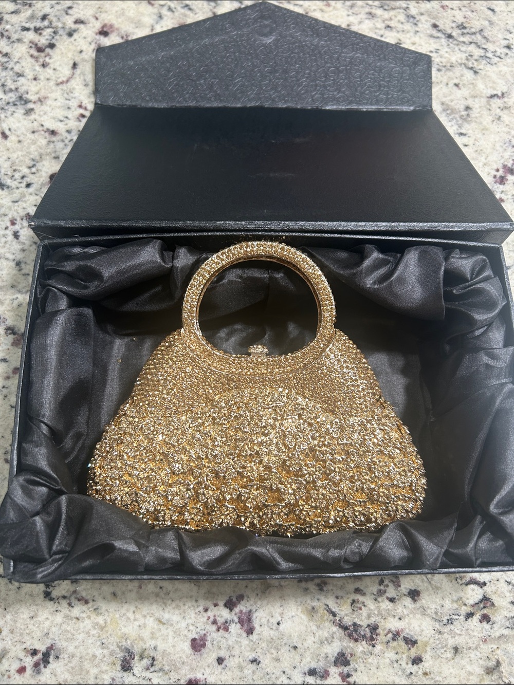 Gold Crystal Handheld Evening Clutch with Round Handle